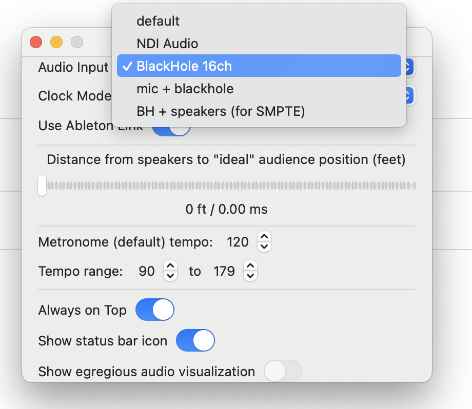 BeatSage settings: audio input, clock mode, Ableton Link, speaker distance compensation and tempo range