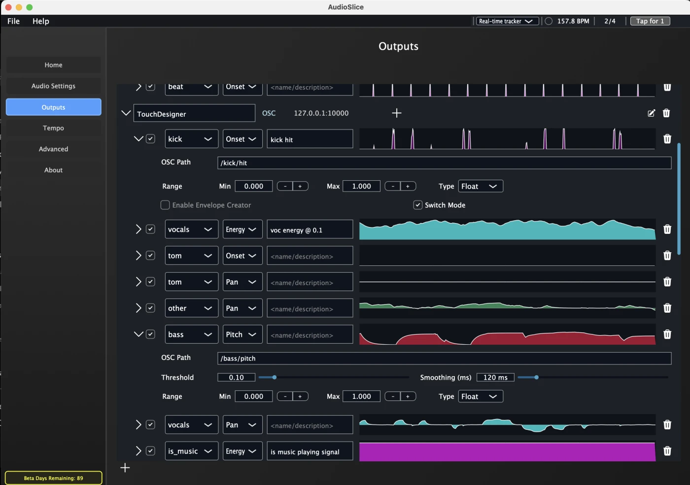 The AudioSlice Outputs tab — each row routes one source and one signal to an OSC path, with a live view of that signal on the right.